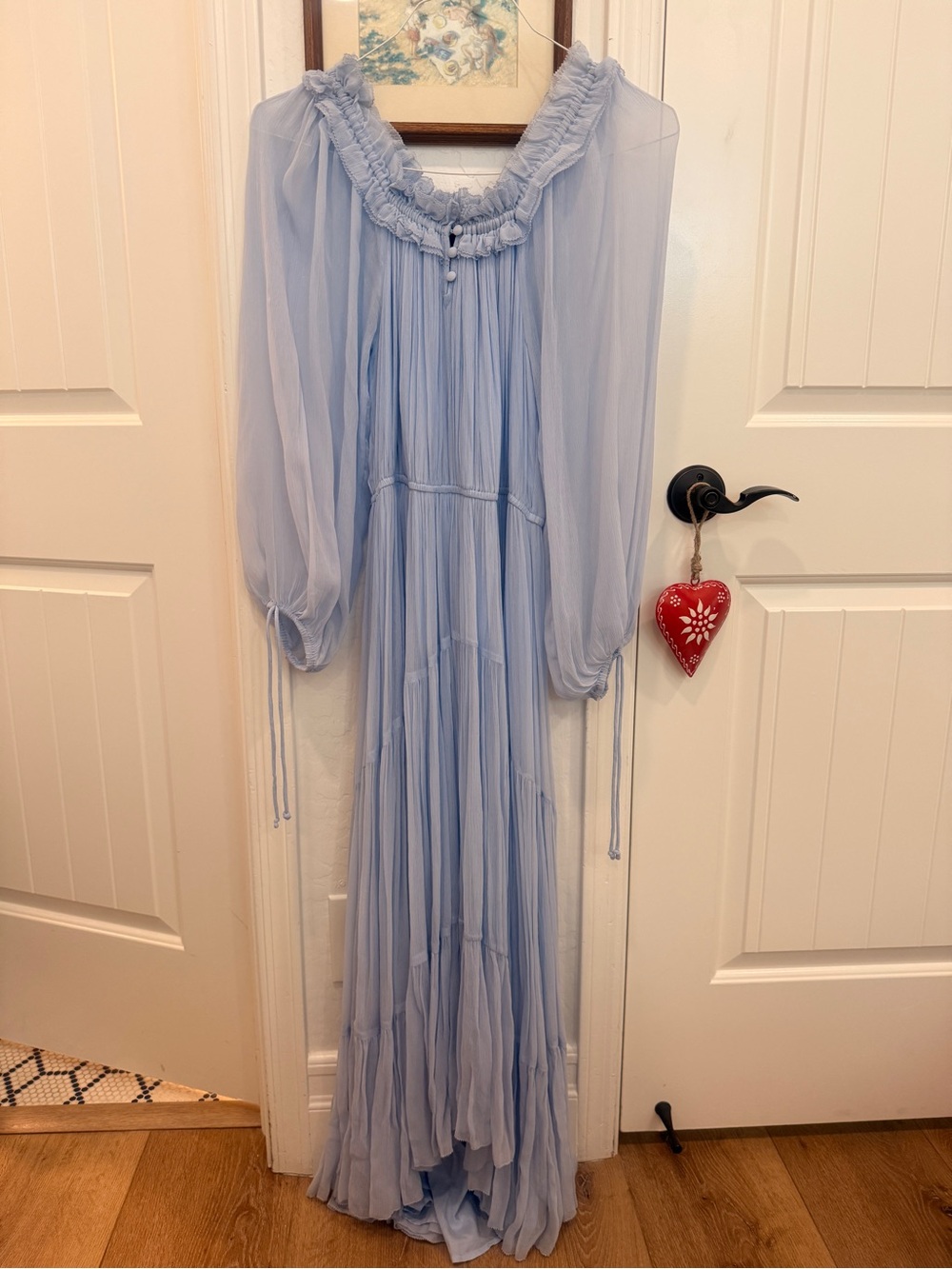 Maje Pale Blue Ruffle-Neck Tiered Maxi Dress